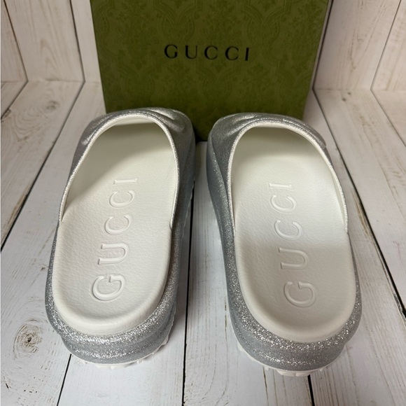 Gucci Glitter Rubber Interlocking G Platform Slide Sandal Silver Sz 37 / 7